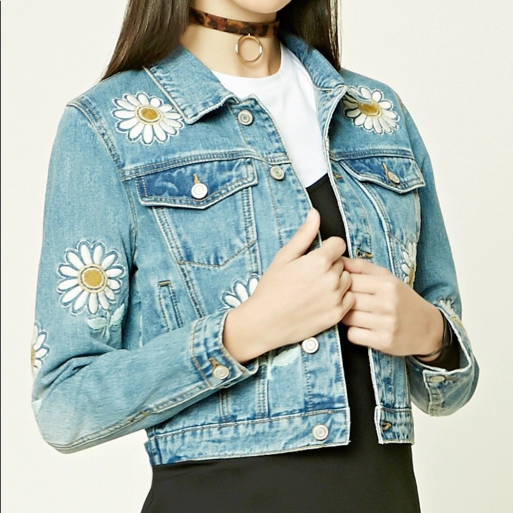 Forever 21 Daisy Embroidered Denim Jacket